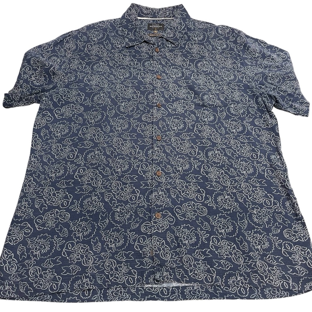 Quiksilver Waterman Mens XL Blue Short Sleeve Button Shirt Hawaiian Print